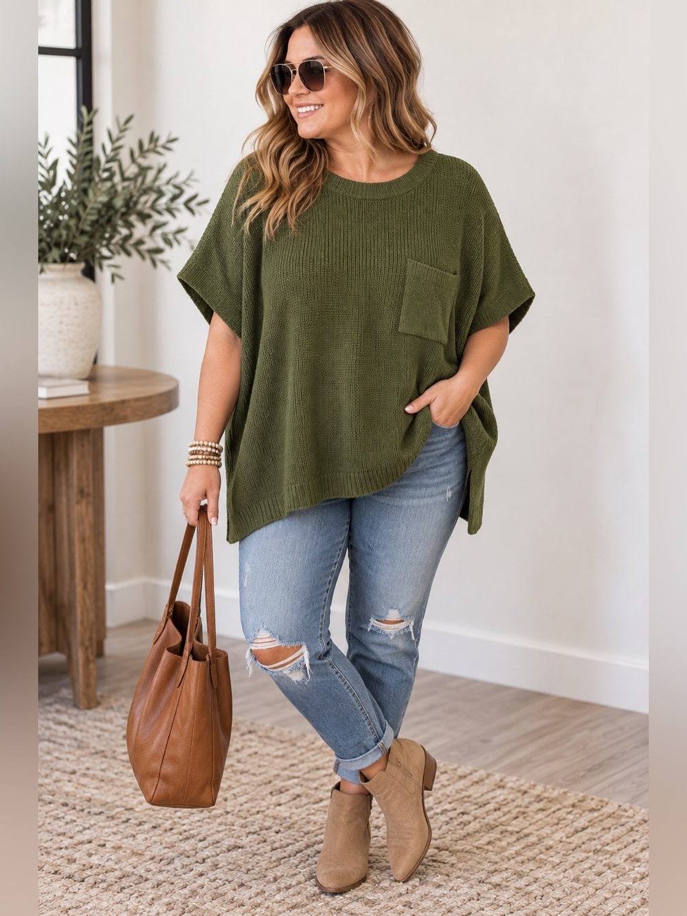 ANRABESS XL Olive Green Short Sleeve Oversized Knit Sweater Pocket